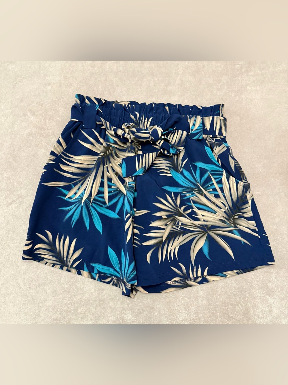 Tropical Floral Palm Leaf Paperbag Shorts Tie Waist Blue L/XL